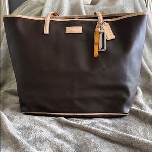 Coach Dark Brown Leather Tote with Tan Accents